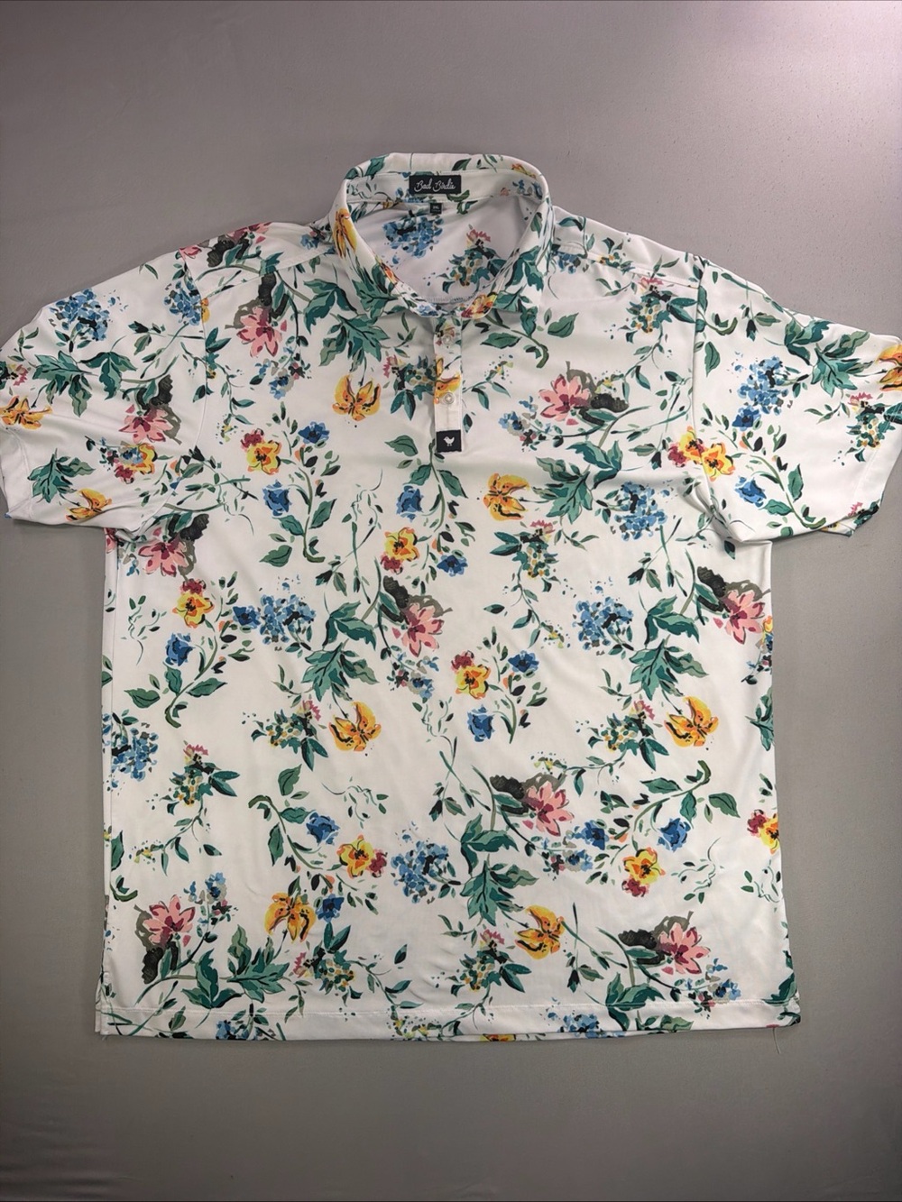 Bad Birdie White Floral Polo with Yellow, Blue, Pink, Green Accents